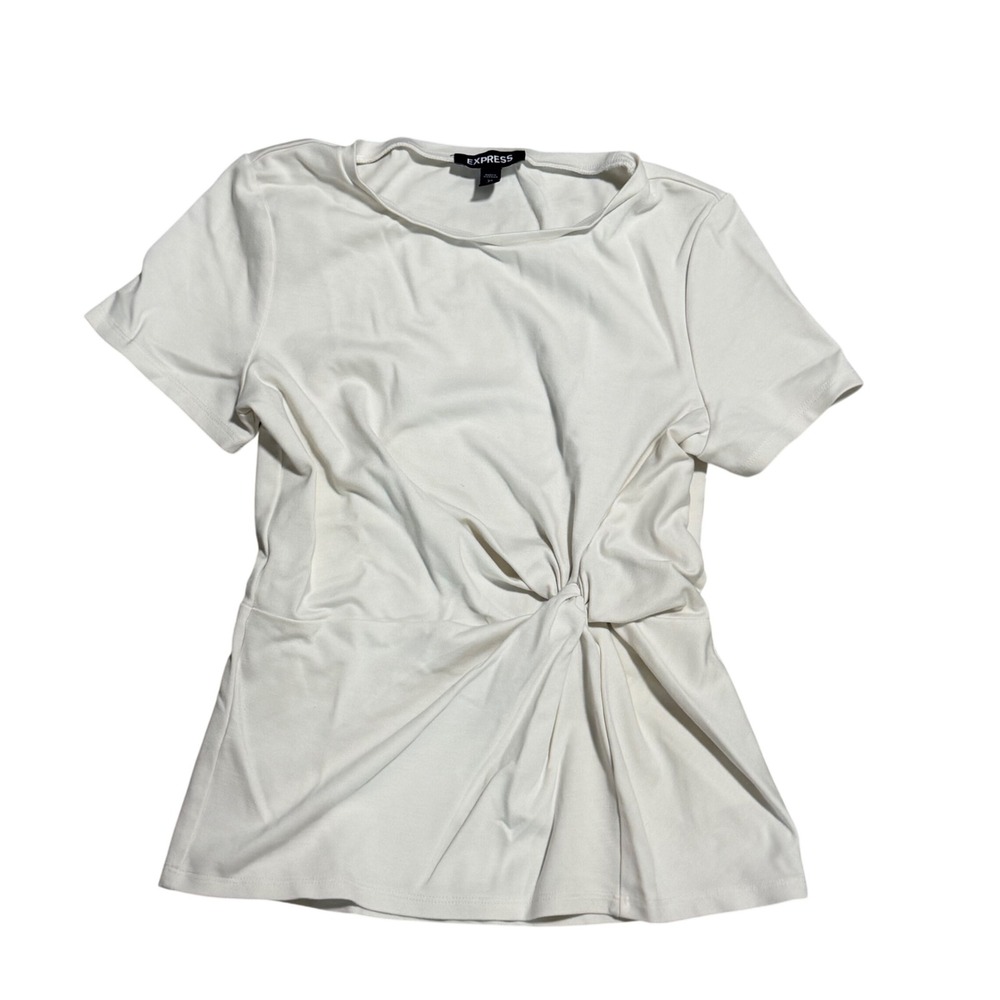 Express White Twist Front Short Sleeve Crew Neck Top XS Slim Fit Rayon Blend
